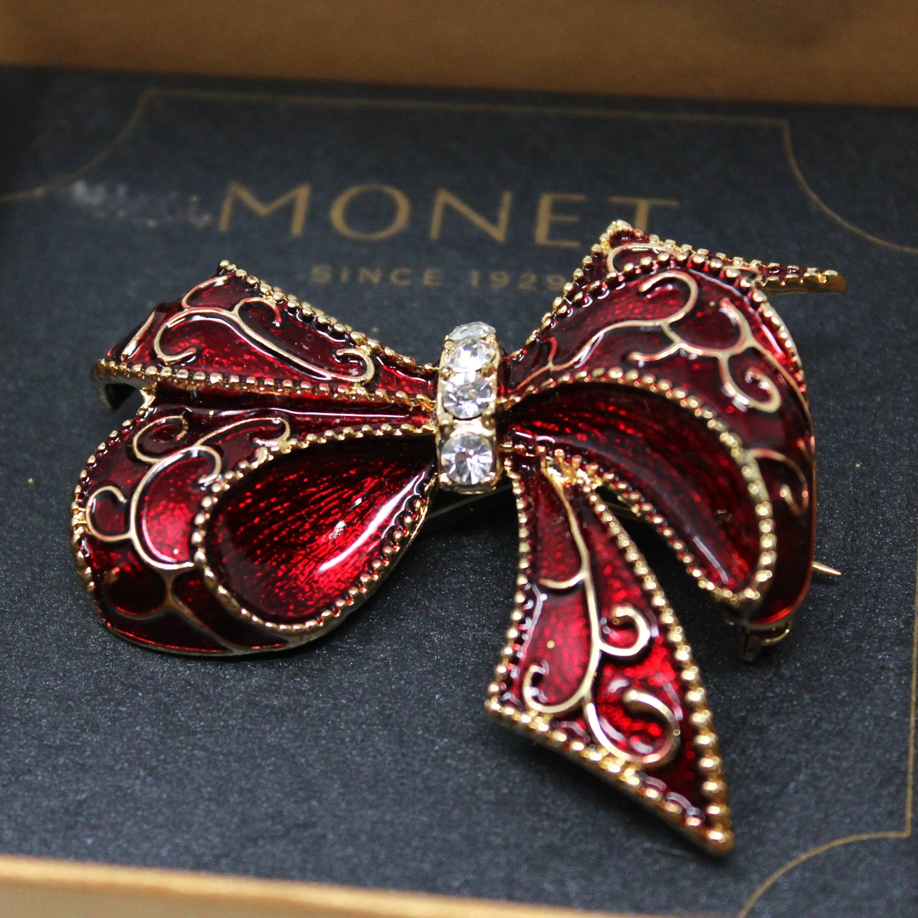 Brooch / Pin, Monet, Red Enamel Bow with Rhinestones, Christmas Jewelry, Original Box, Vintage