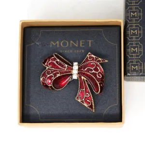 Brooch / Pin, Monet, Red Enamel Bow with Rhinestones, Christmas Jewelry, Original Box, Vintage