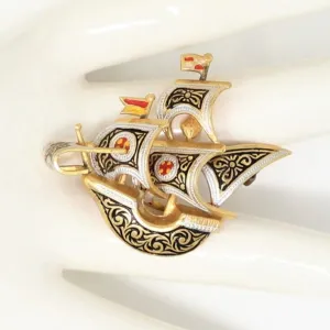 Brooch / Pin, Spain Damascene Style, Spanish Galleon Ship, Vintage