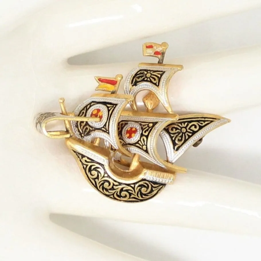 Brooch / Pin, Spain Damascene Style, Spanish Galleon Ship, Vintage