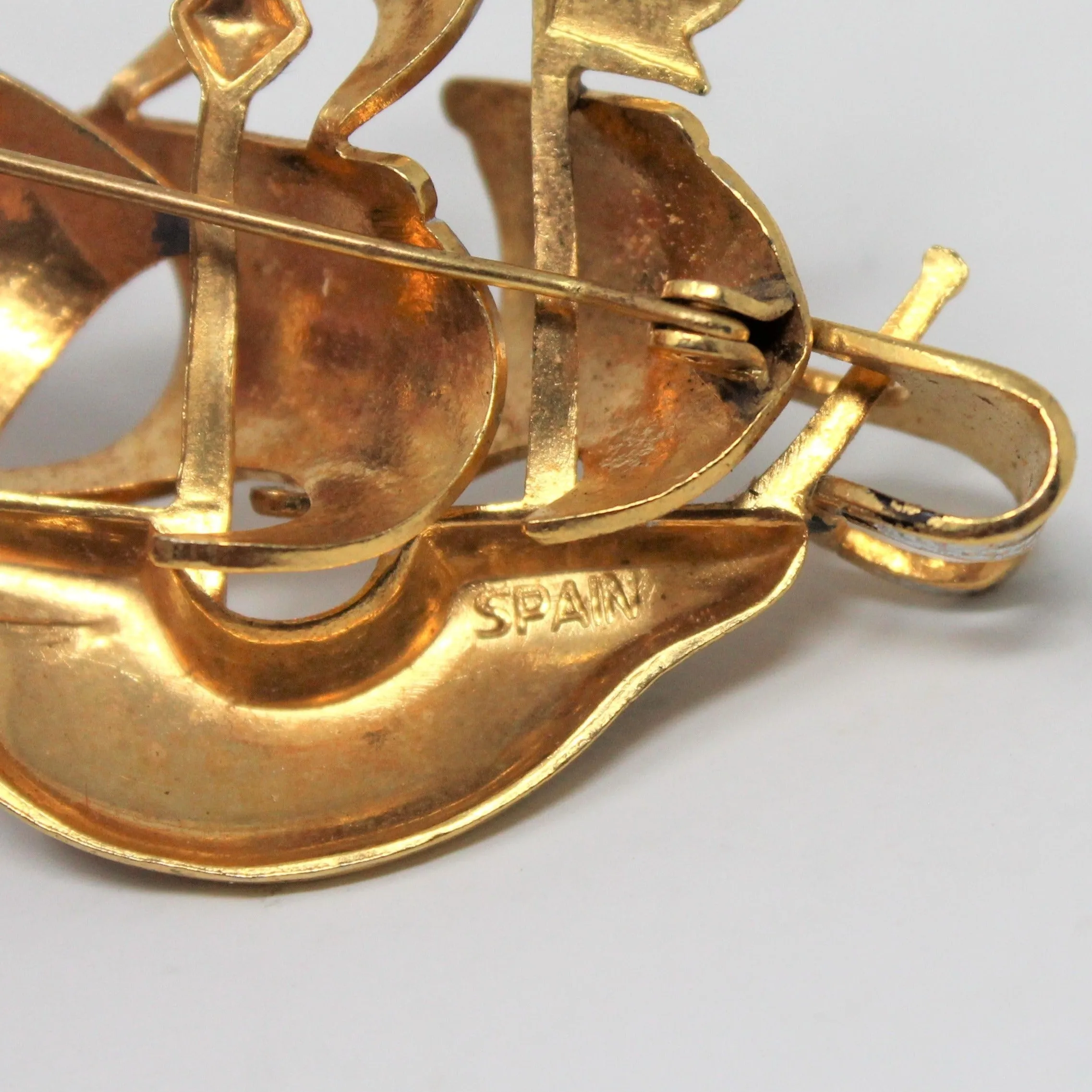 Brooch / Pin, Spain Damascene Style, Spanish Galleon Ship, Vintage