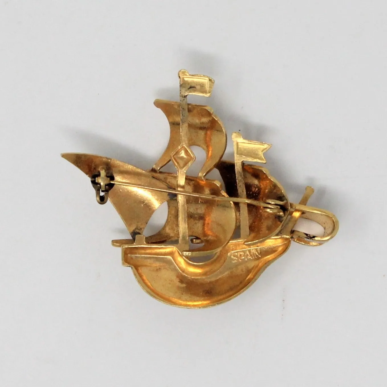 Brooch / Pin, Spain Damascene Style, Spanish Galleon Ship, Vintage