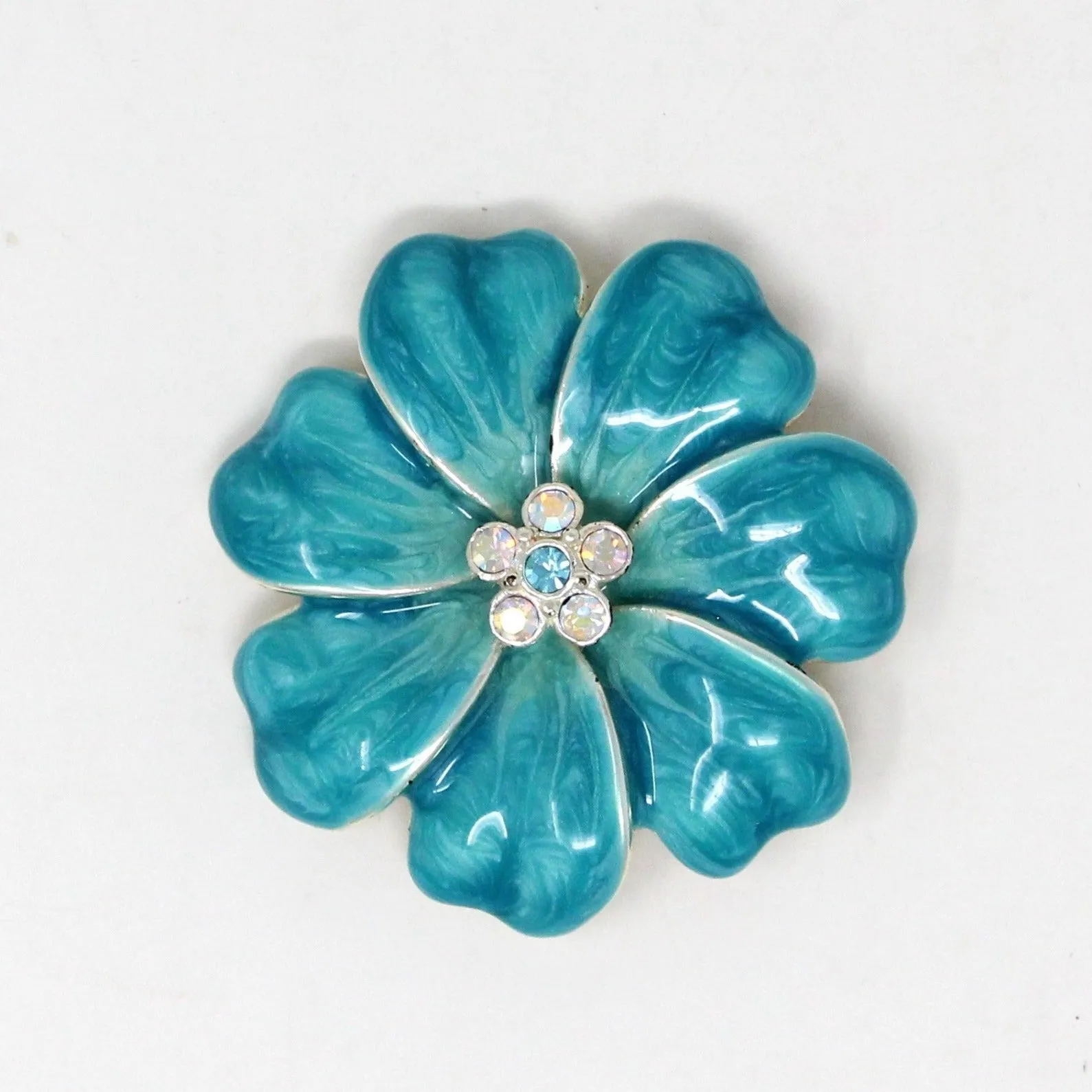 Brooch / Pin, Turquoise Blue Enamel Flower with Aurora Borealis Rhinestone Center, Vintage