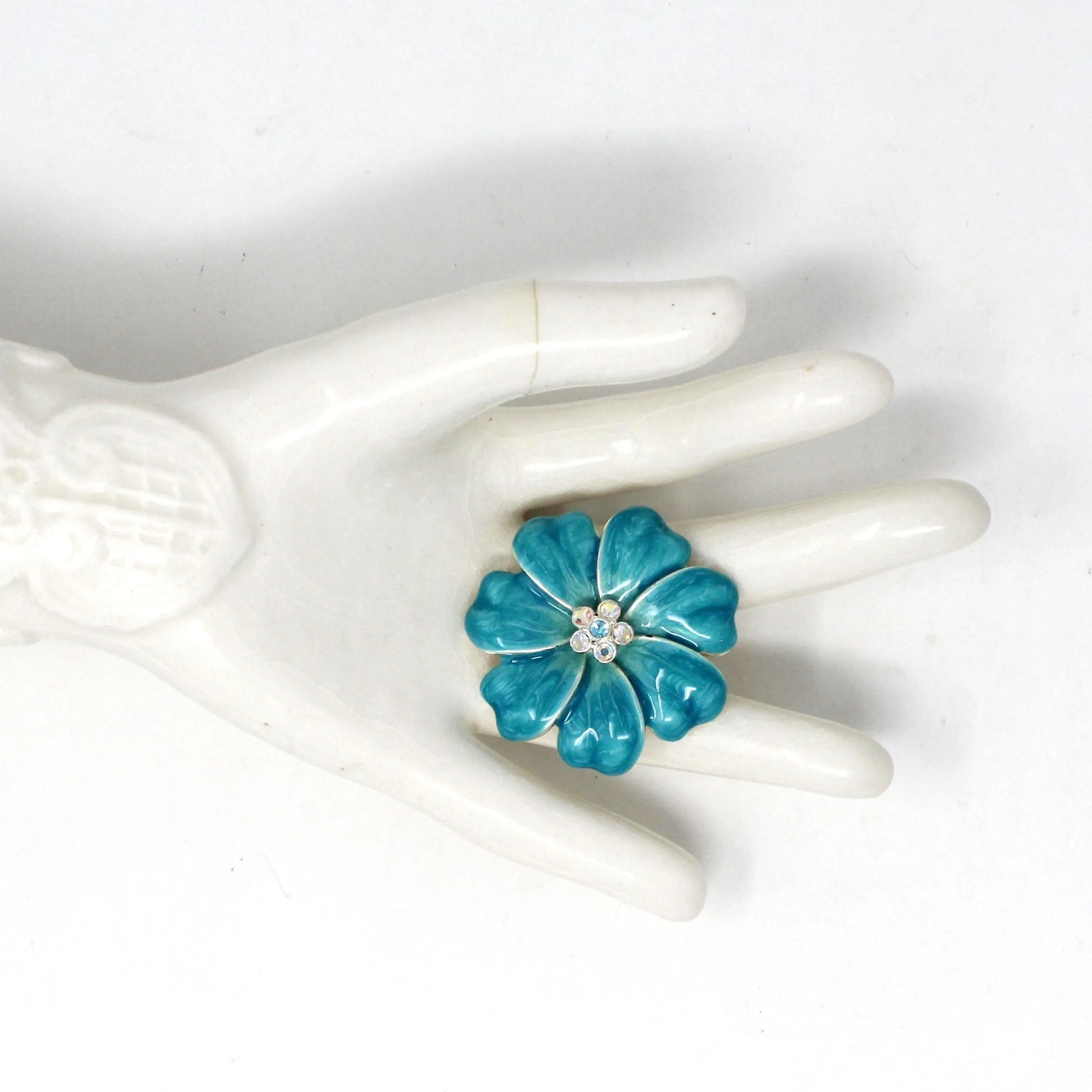 Brooch / Pin, Turquoise Blue Enamel Flower with Aurora Borealis Rhinestone Center, Vintage