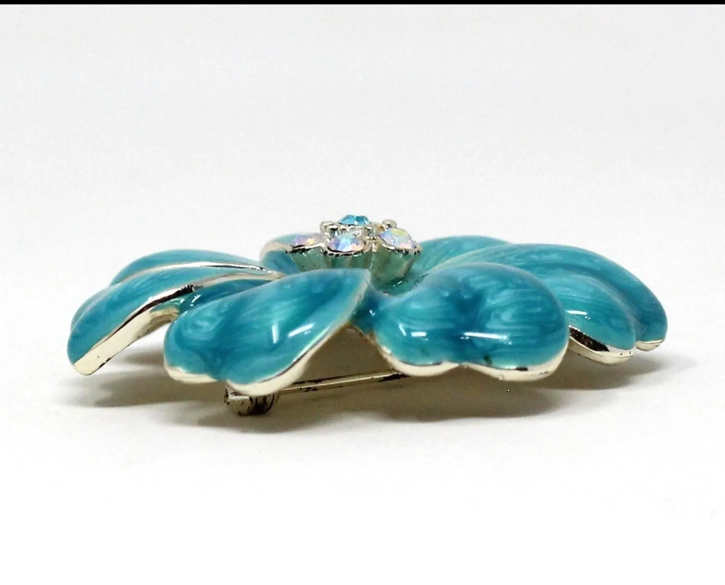 Brooch / Pin, Turquoise Blue Enamel Flower with Aurora Borealis Rhinestone Center, Vintage