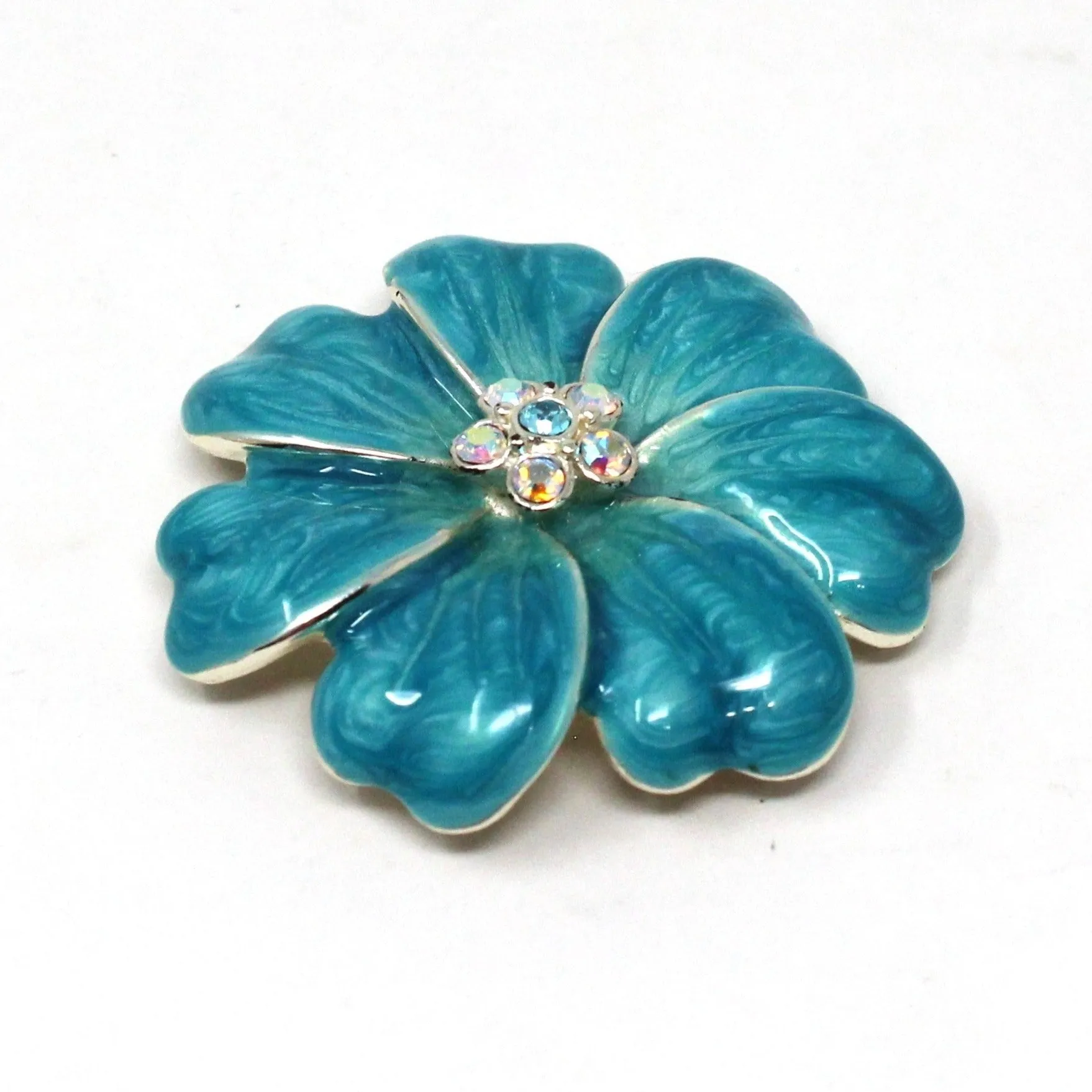 Brooch / Pin, Turquoise Blue Enamel Flower with Aurora Borealis Rhinestone Center, Vintage