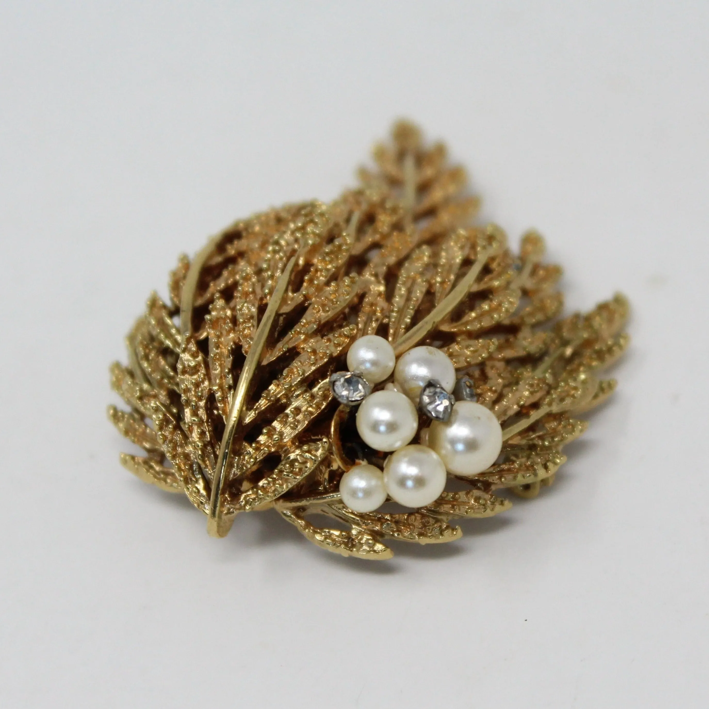 Brooch / Pin, Willow Tree Leaves, Faux Pearls and Rhinestones, Gold Tone, Vintage