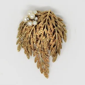 Brooch / Pin, Willow Tree Leaves, Faux Pearls and Rhinestones, Gold Tone, Vintage