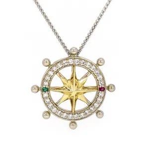 Compass Rose 14K Gold and Diamond Ship's Wheel Necklace