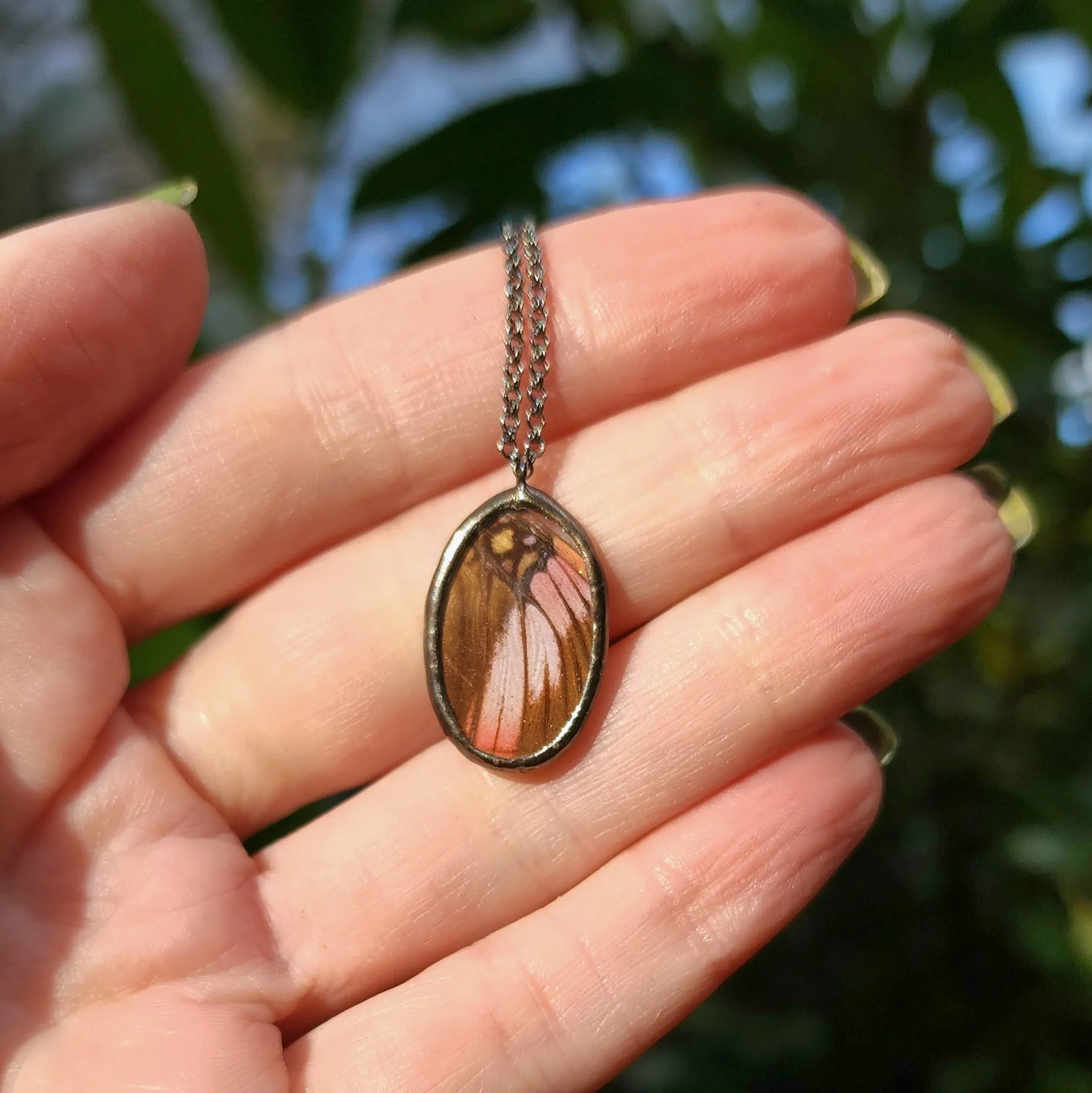 Coral Butterfly Oval Necklace