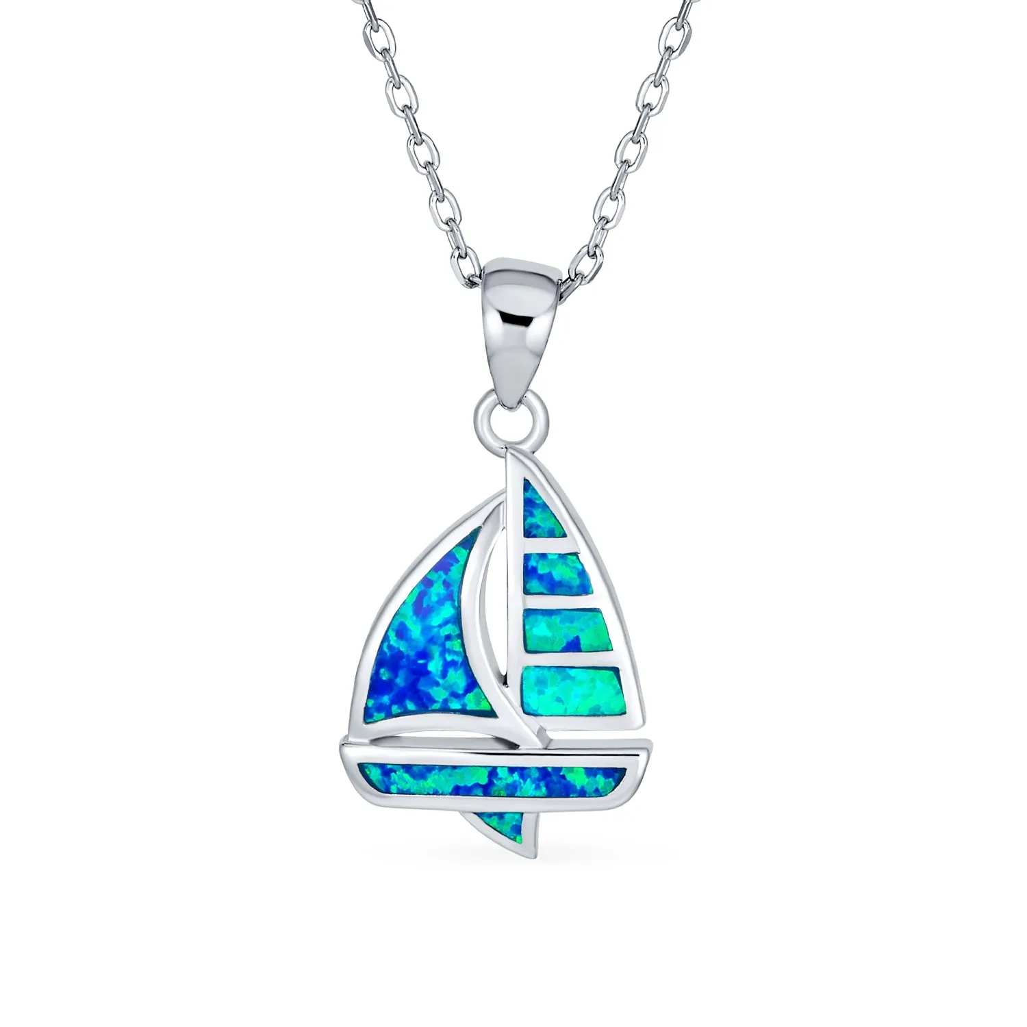 Created Blue Opal Sailboat Pendant Necklace Sterling Silver Nautical Jewelry