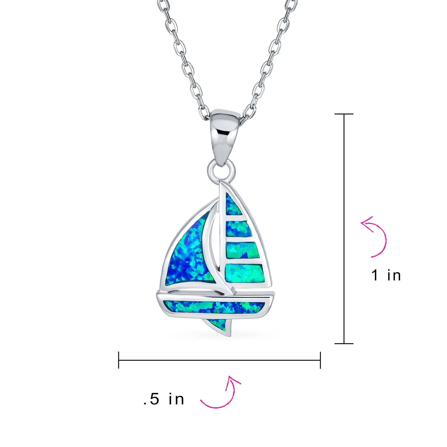 Created Blue Opal Sailboat Pendant Necklace Sterling Silver Nautical Jewelry