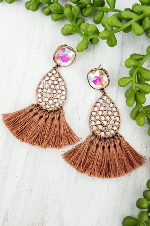 CRISTOBAL COPPERTONE TEARDROP TASSEL FRINGE EARRINGS