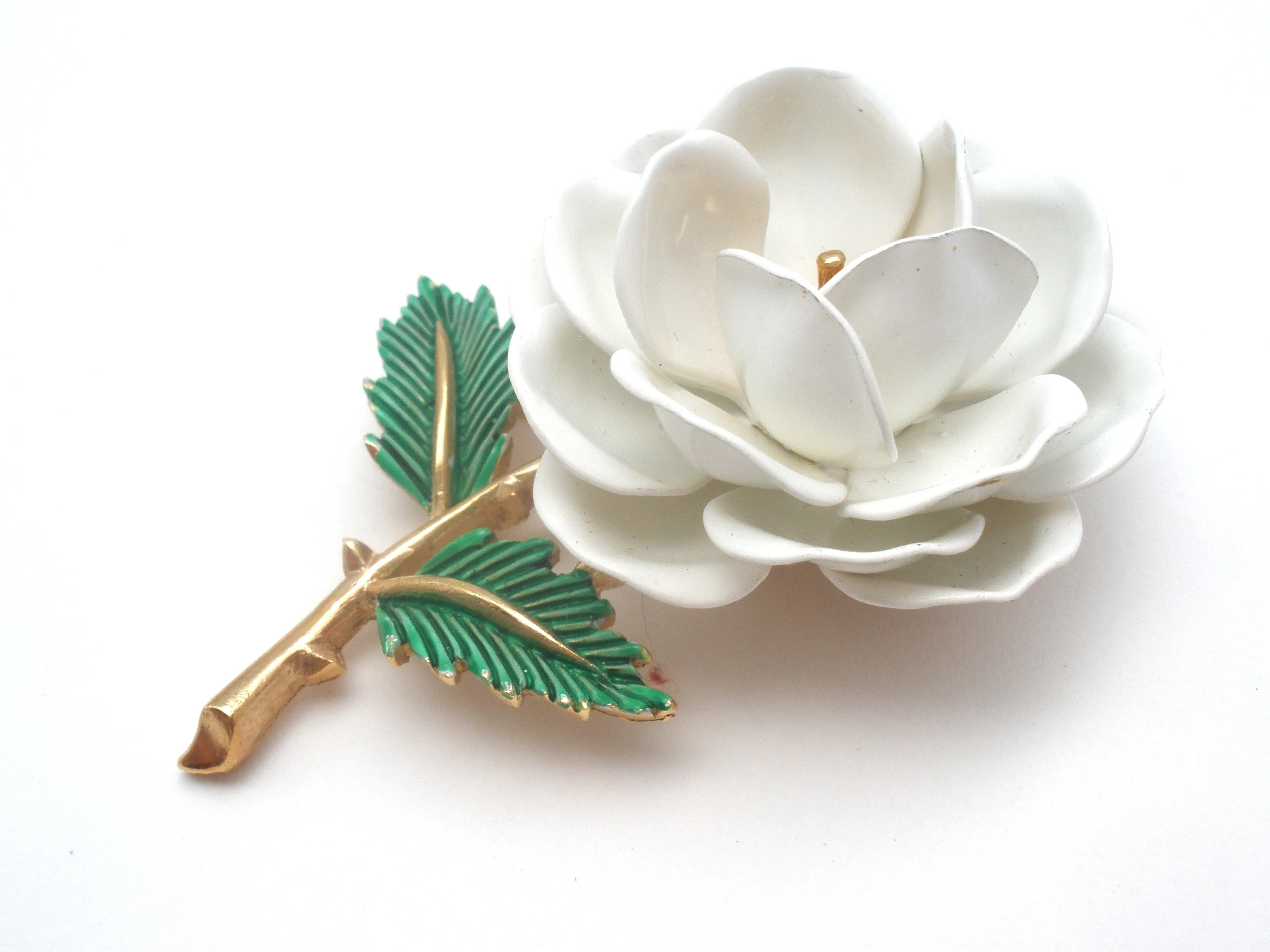 Crown Trifari White Enamel Flower Brooch Pin