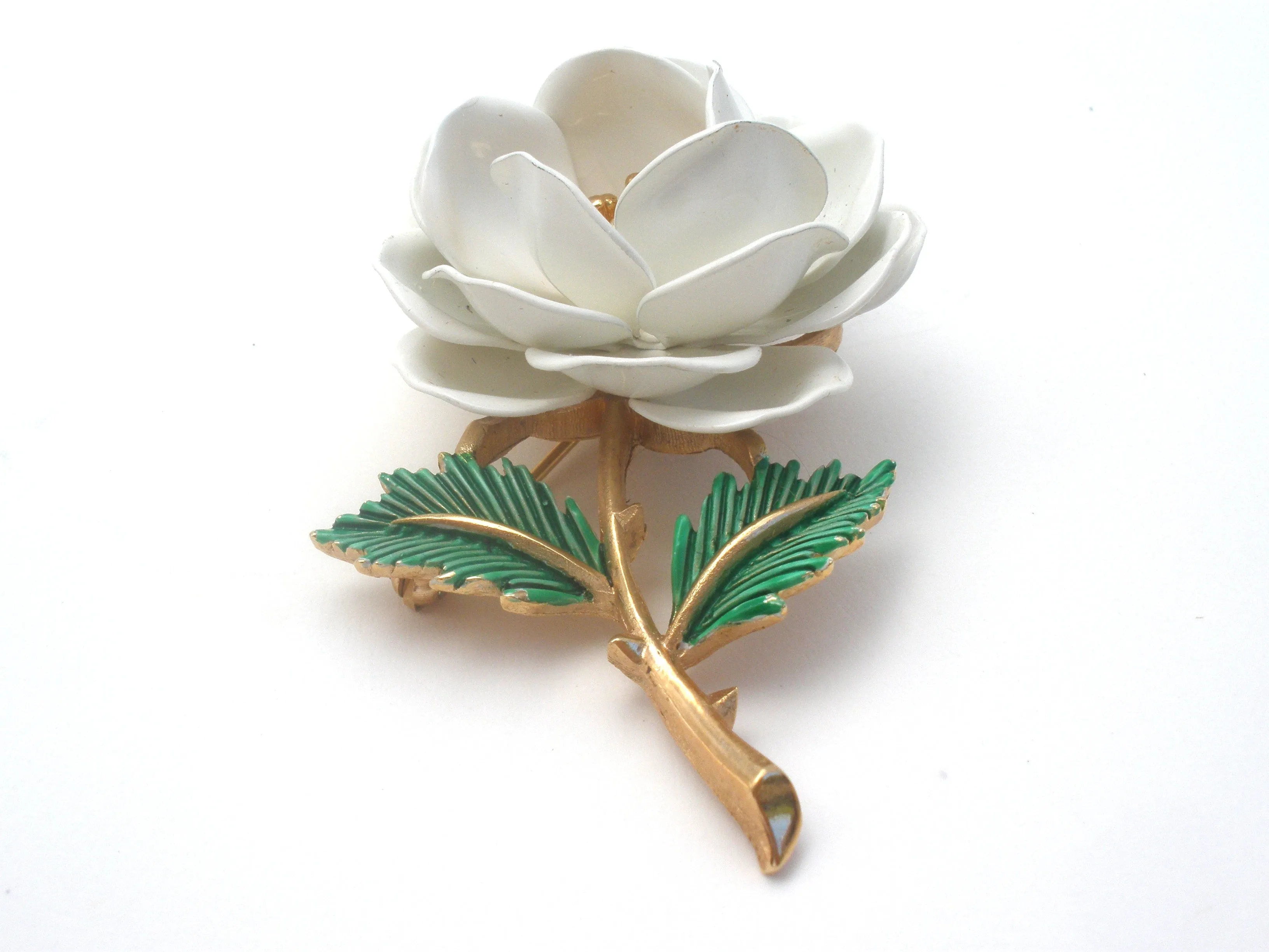 Crown Trifari White Enamel Flower Brooch Pin