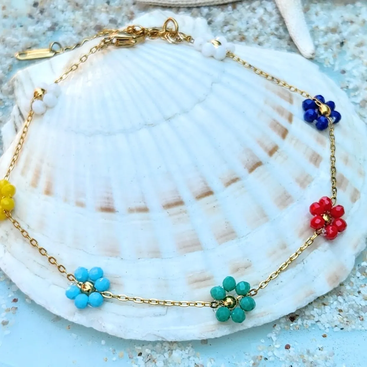 DAISIES IN A ROW  - 18K GOLD RAINBOW WATERPROOF ANKLET