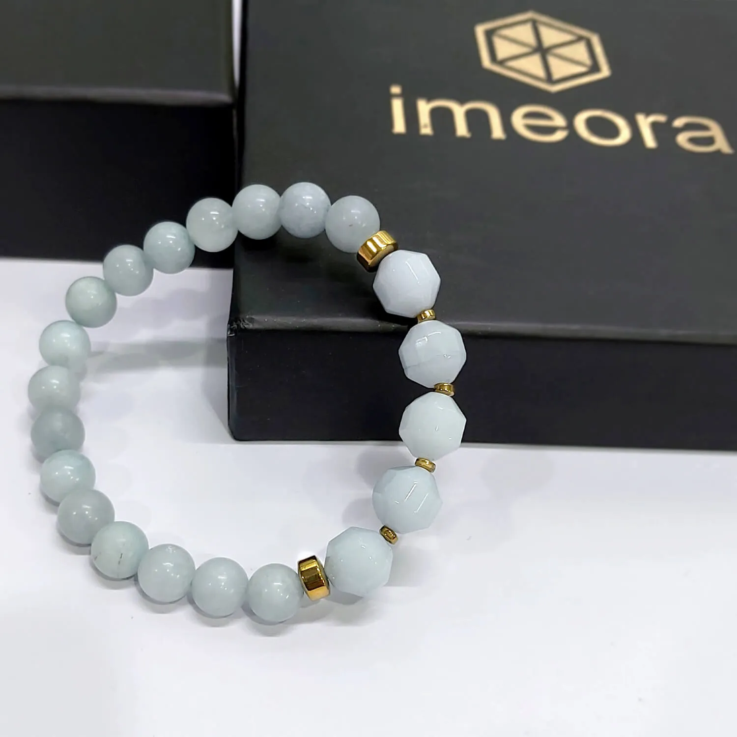 Diamond Cut Aquamarine With Golden Hematite Natural Stone Bracelet