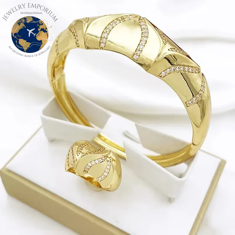 Elegant 24K Gold Plated African Bangle and Ring Set for Women with Sparkling Rhinestones - Exquisite Dubai Fashion Jewelry