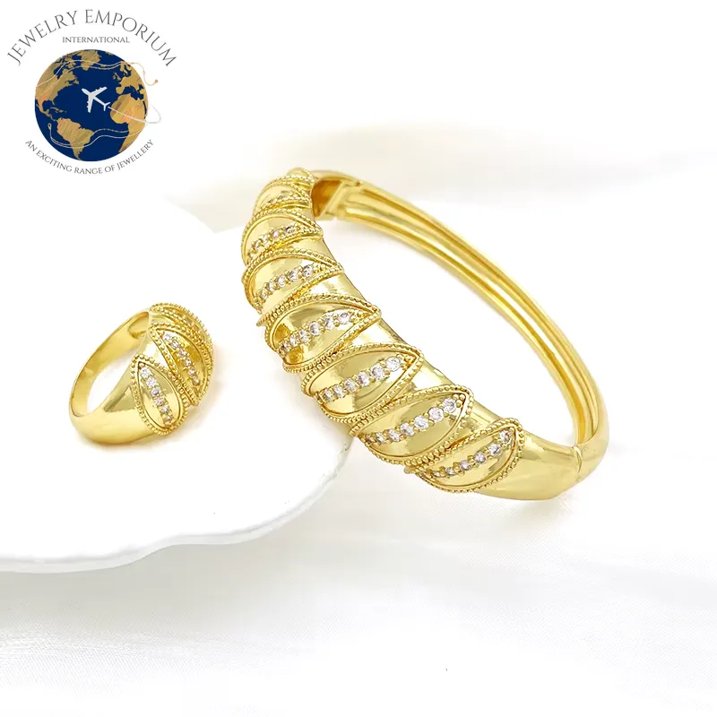 Elegant 24K Gold Plated African Bangle and Ring Set for Women with Sparkling Rhinestones - Exquisite Dubai Fashion Jewelry