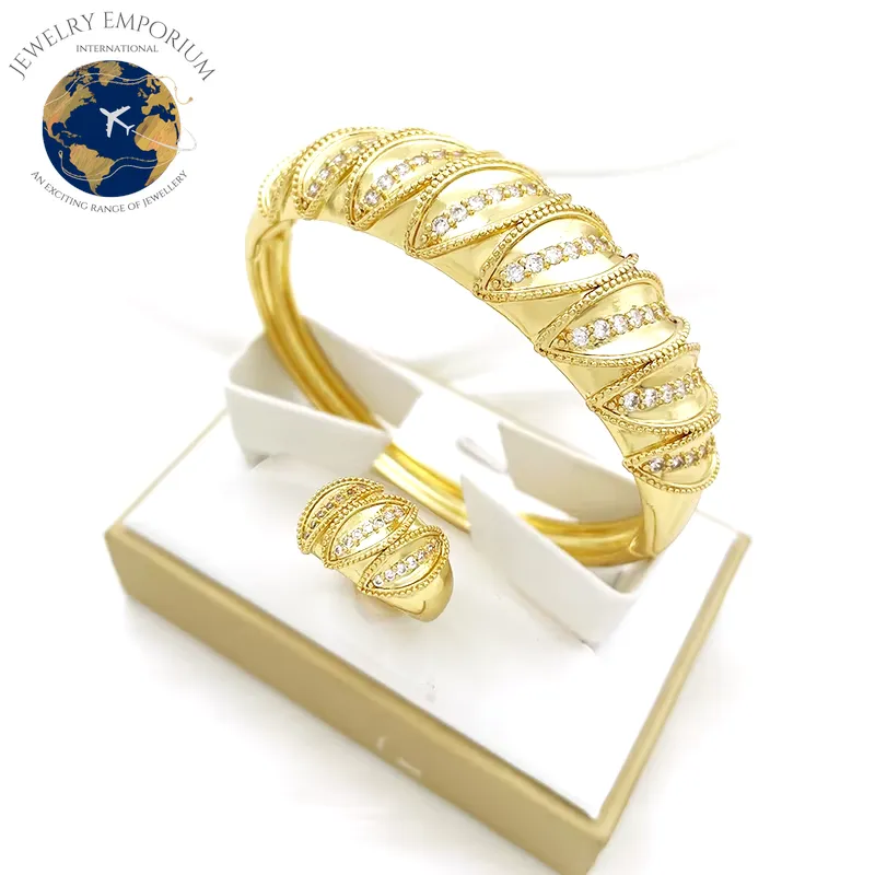 Elegant 24K Gold Plated African Bangle and Ring Set for Women with Sparkling Rhinestones - Exquisite Dubai Fashion Jewelry