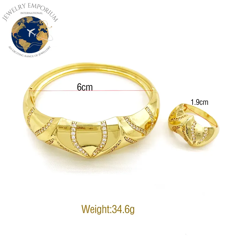 Elegant 24K Gold Plated African Bangle and Ring Set for Women with Sparkling Rhinestones - Exquisite Dubai Fashion Jewelry