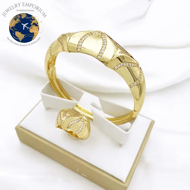 Elegant 24K Gold Plated African Bangle and Ring Set for Women with Sparkling Rhinestones - Exquisite Dubai Fashion Jewelry