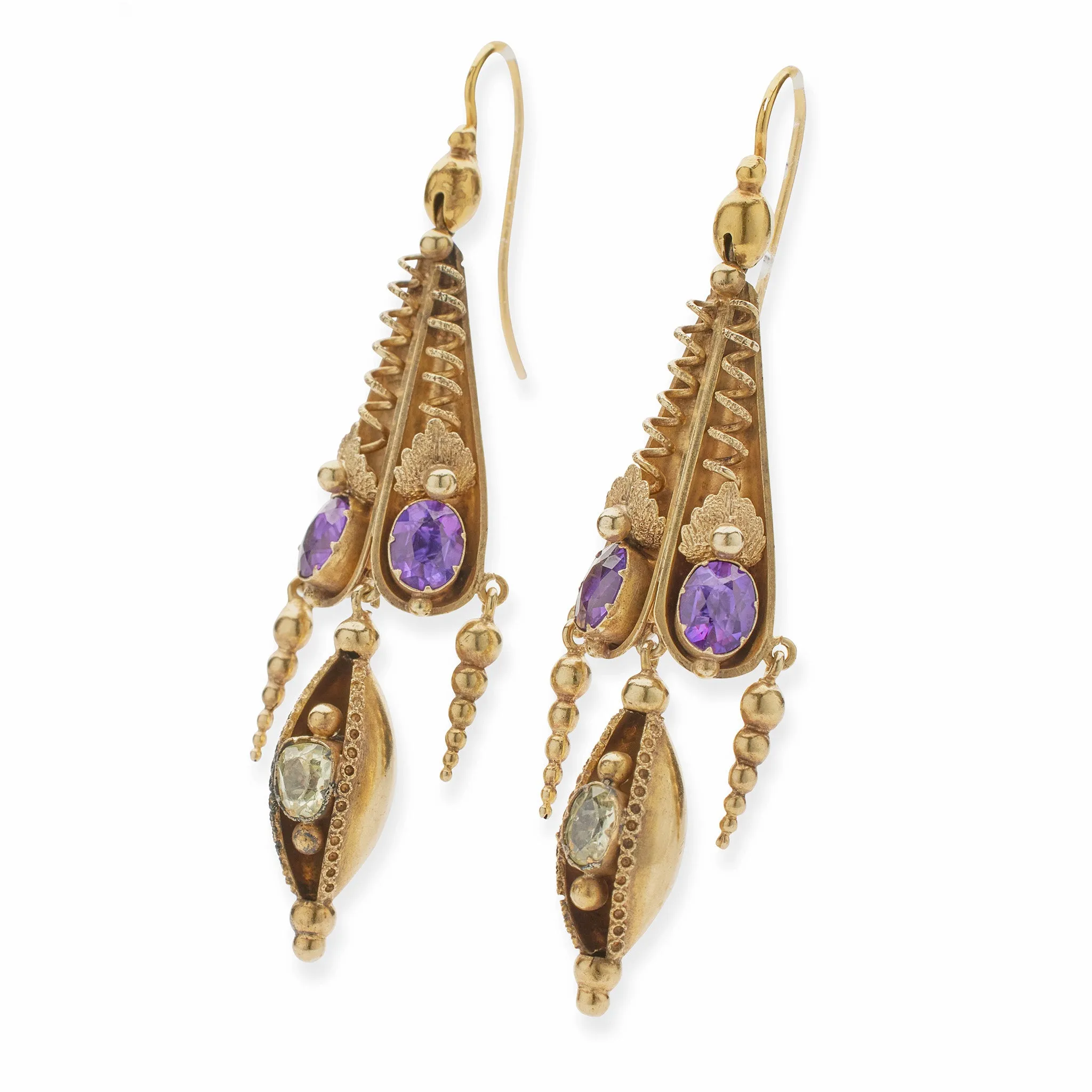 English 15k Gold Amethyst and Green Chrysoberyl Pendant Earrings