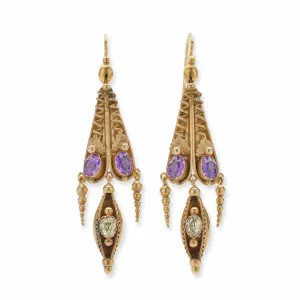 English 15k Gold Amethyst and Green Chrysoberyl Pendant Earrings