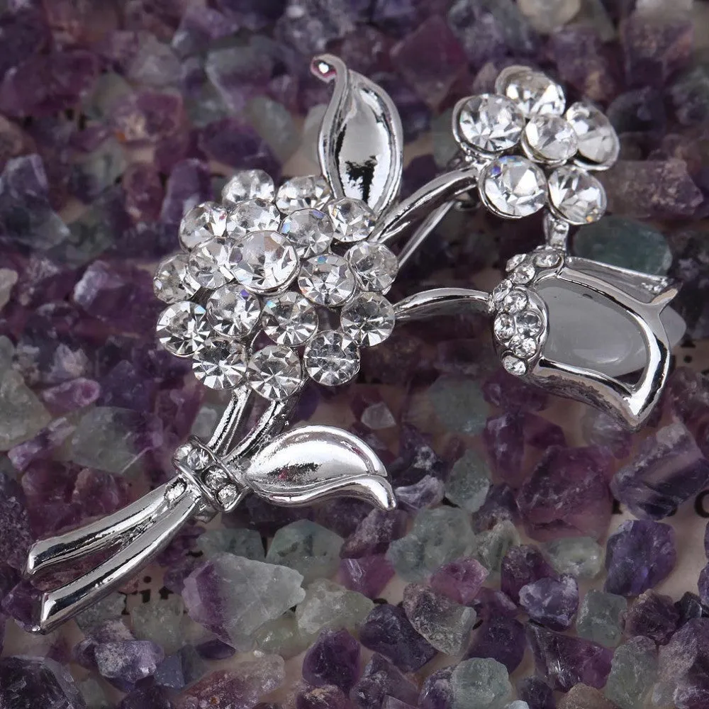 Fashion and Fine Jewelry Silver Plated Rose Flower Shaped Curve Full Shining Brooches for Women