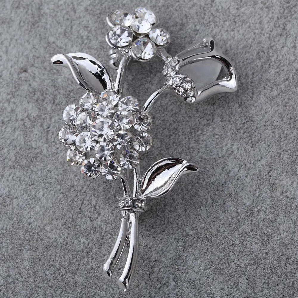 Fashion and Fine Jewelry Silver Plated Rose Flower Shaped Curve Full Shining Brooches for Women