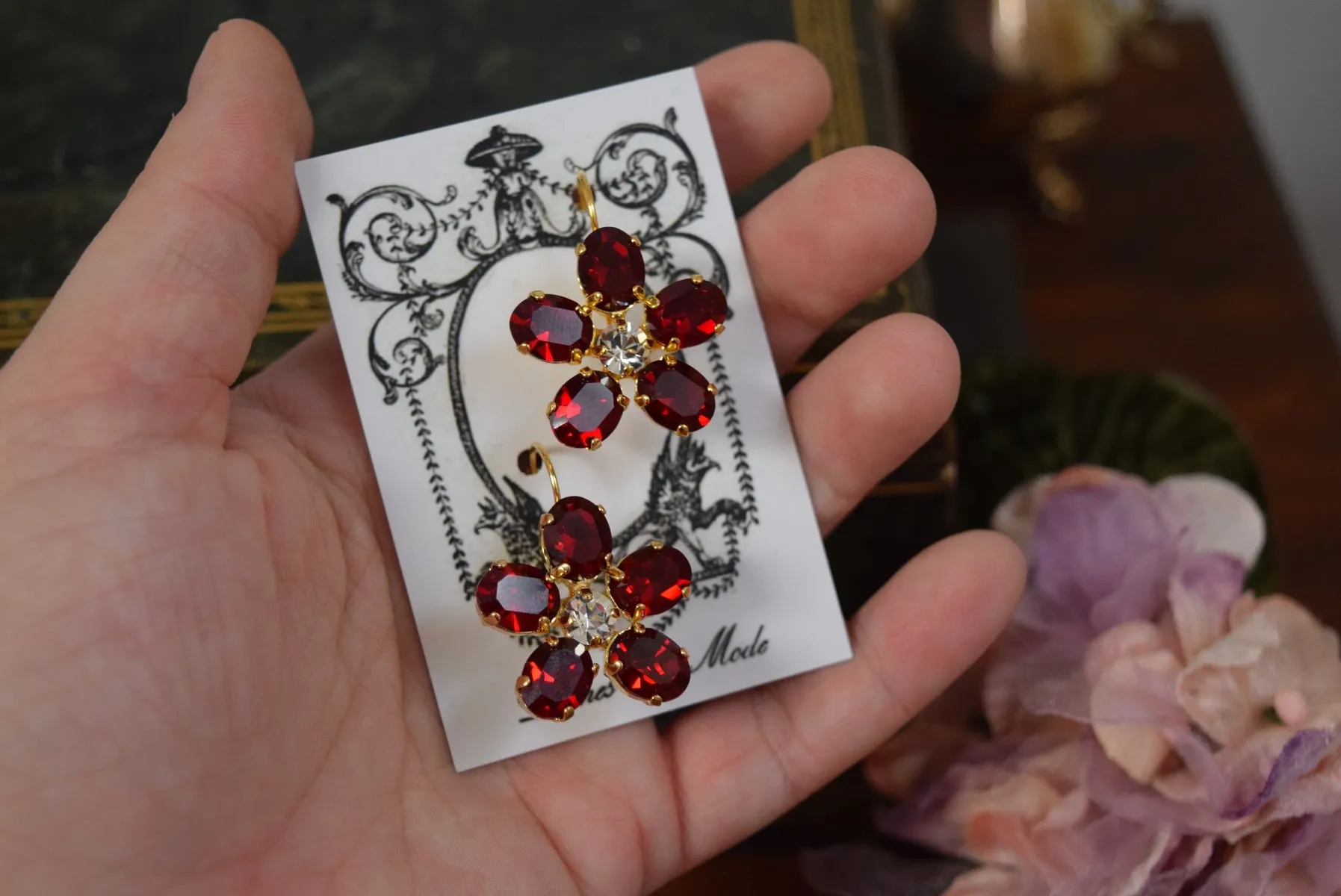 Floral Earrings - Swarovski Garnet Small Oval Stones