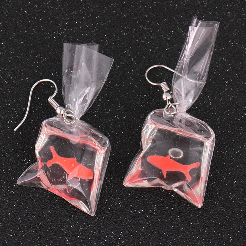 Funny Goldfish Water Bag Shape Dangle Hook Earring | Mini Goldfish Bag Earrings | Water Bag Dangle Hook Earrings