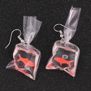 Funny Goldfish Water Bag Shape Dangle Hook Earring | Mini Goldfish Bag Earrings | Water Bag Dangle Hook Earrings