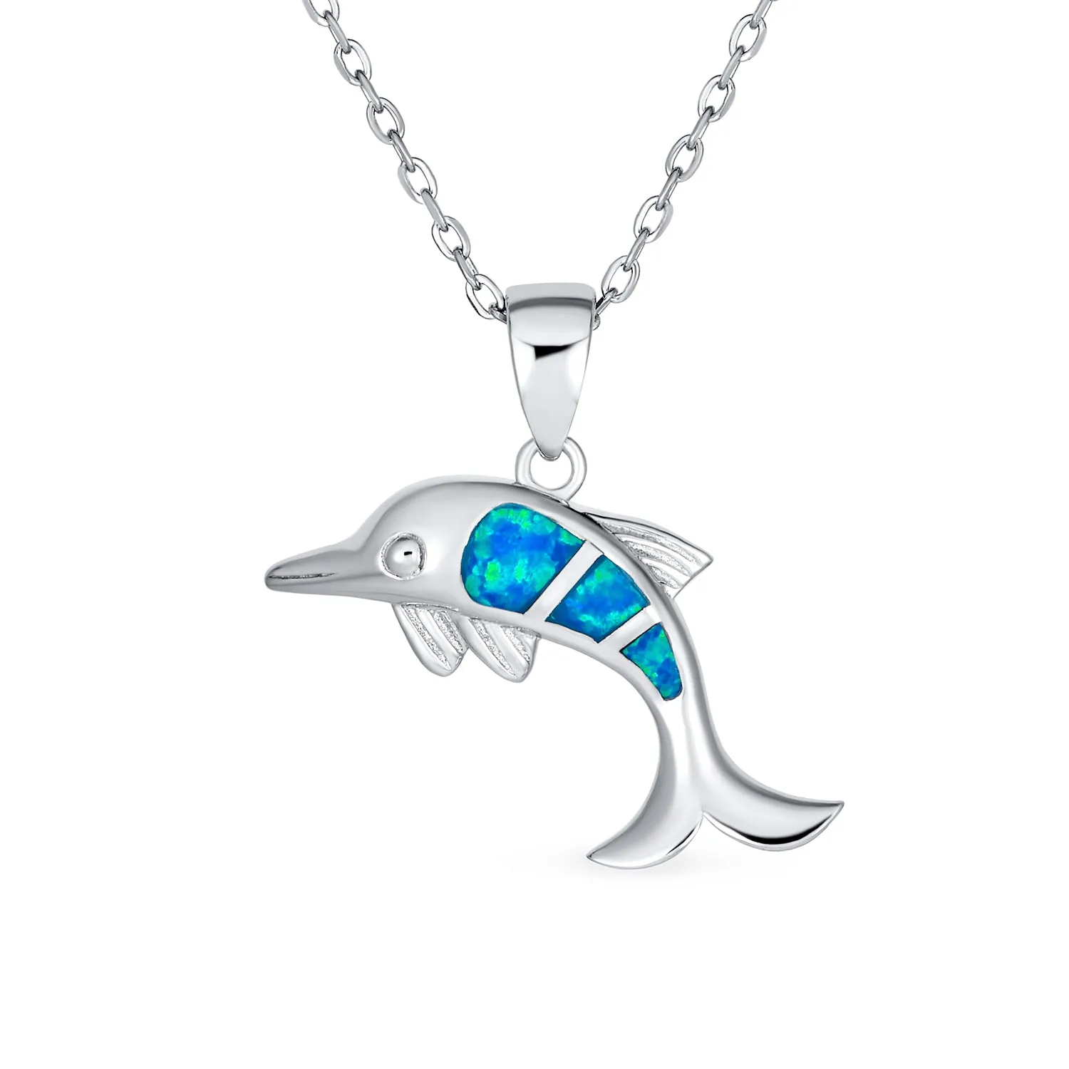 Gemstone Blue Opal Dolphin Pendant Necklace in Sterling Silver - Nautical Ocean Theme