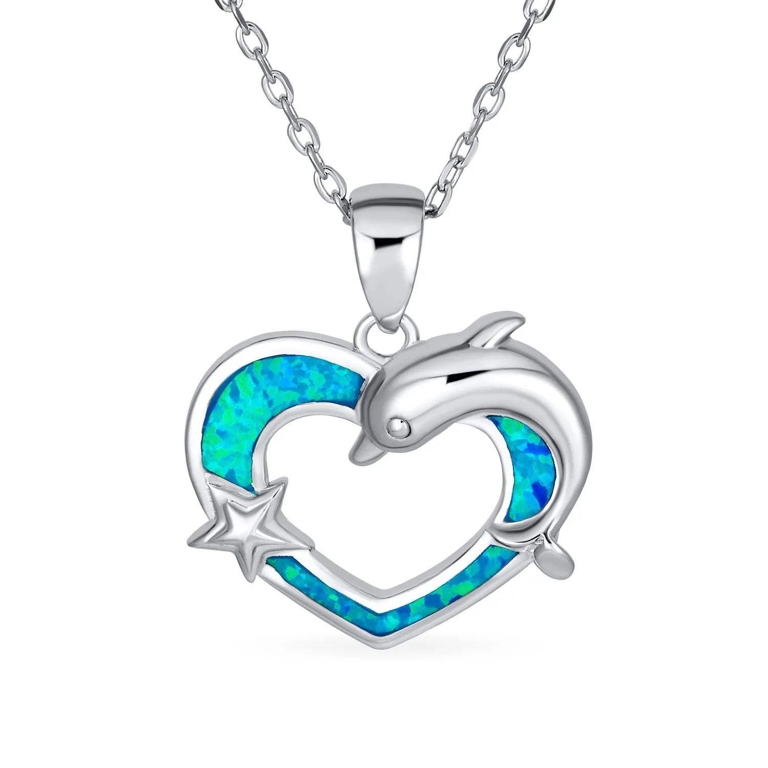 Gemstone Blue Opal Starfish Heart Pendant Necklace in Sterling Silver