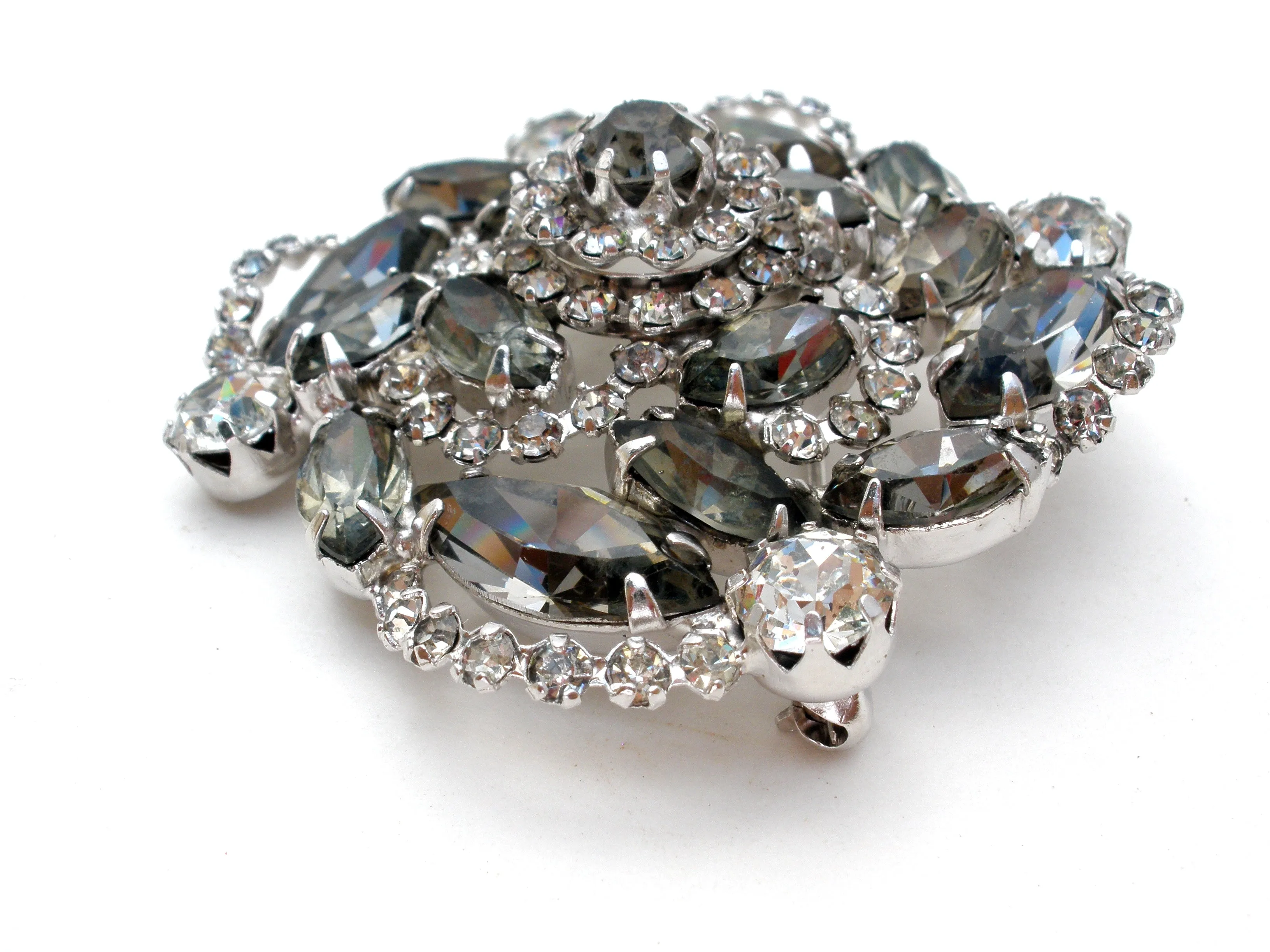 Gray & Clear Rhinestone Brooch Pin Vintage