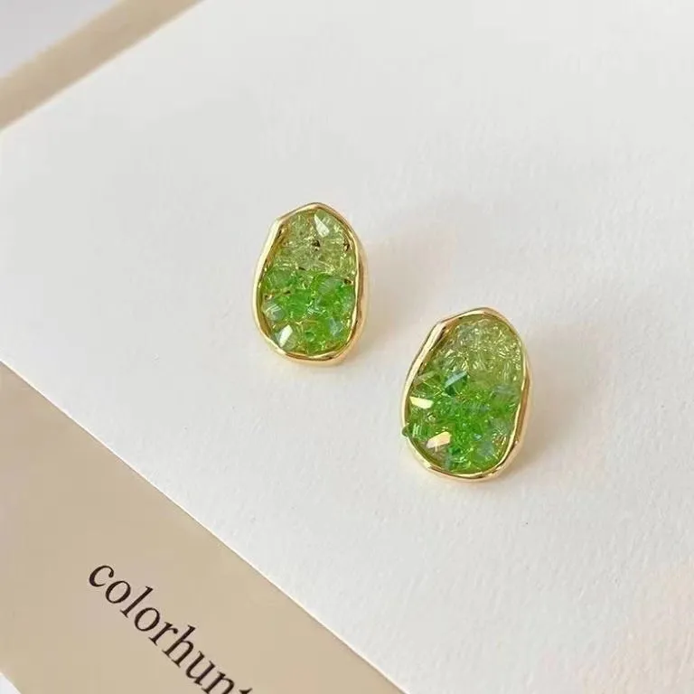 Green Crystal Oval Stud Earrings-jlt11852