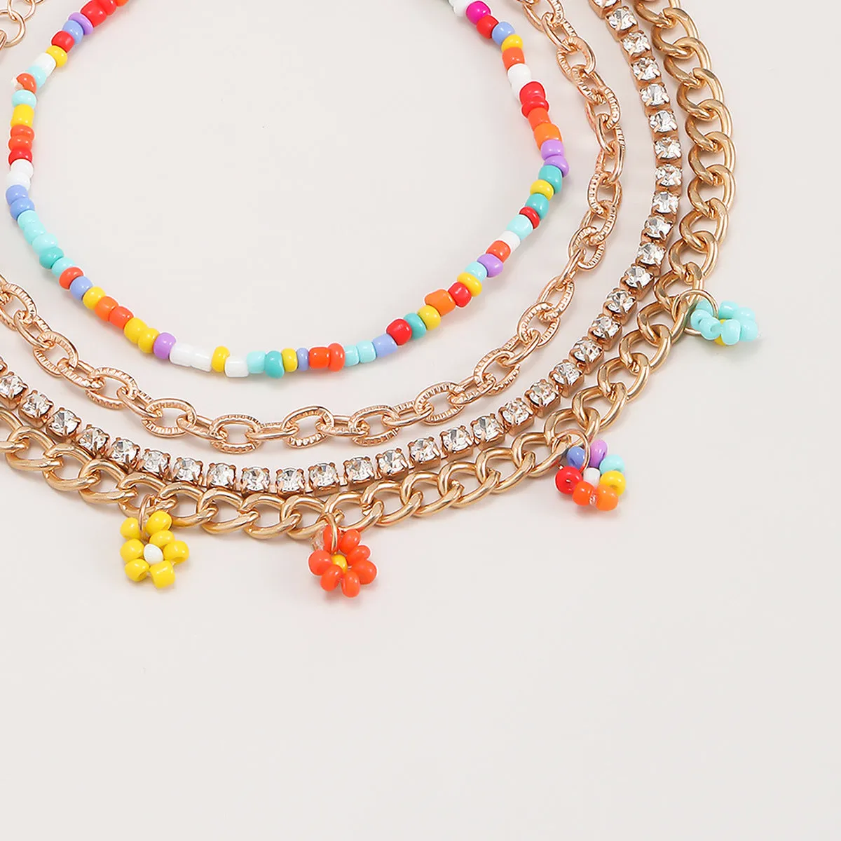 Handmade Rice Beads With Diamonds Multi-layer Daisy Anklet