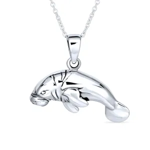 Hawaiian Nautical Sea Cow Marine Life Pendant Necklace in Sterling Silver