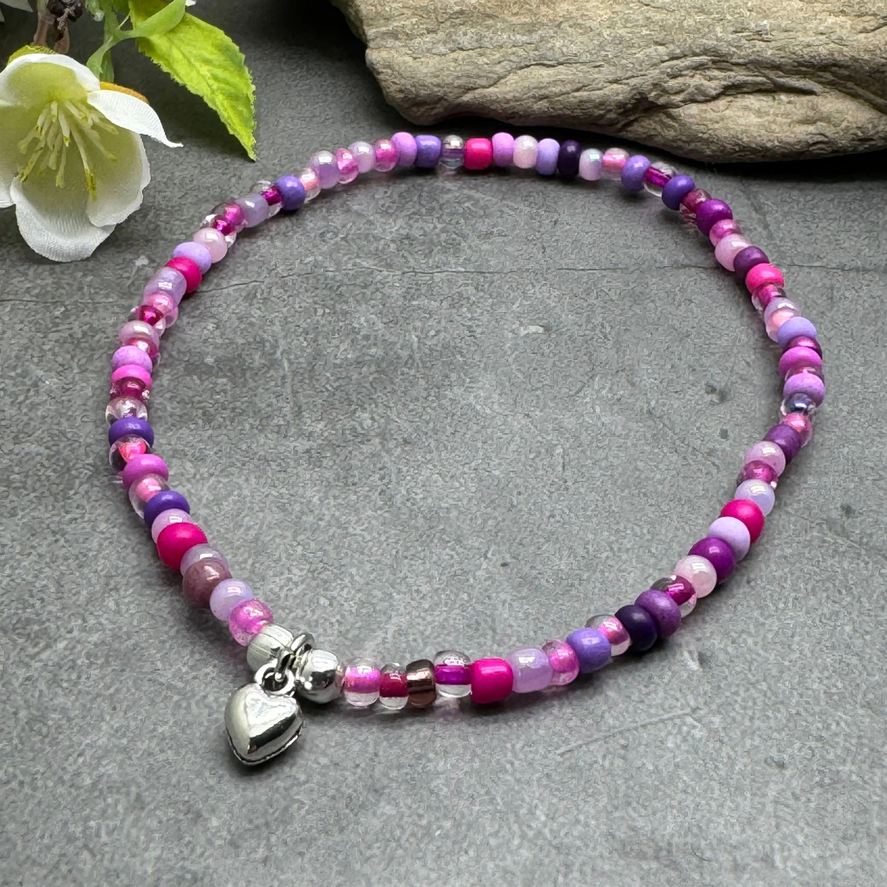 Heart Charm Seed Bead Anklet - Colour Choice