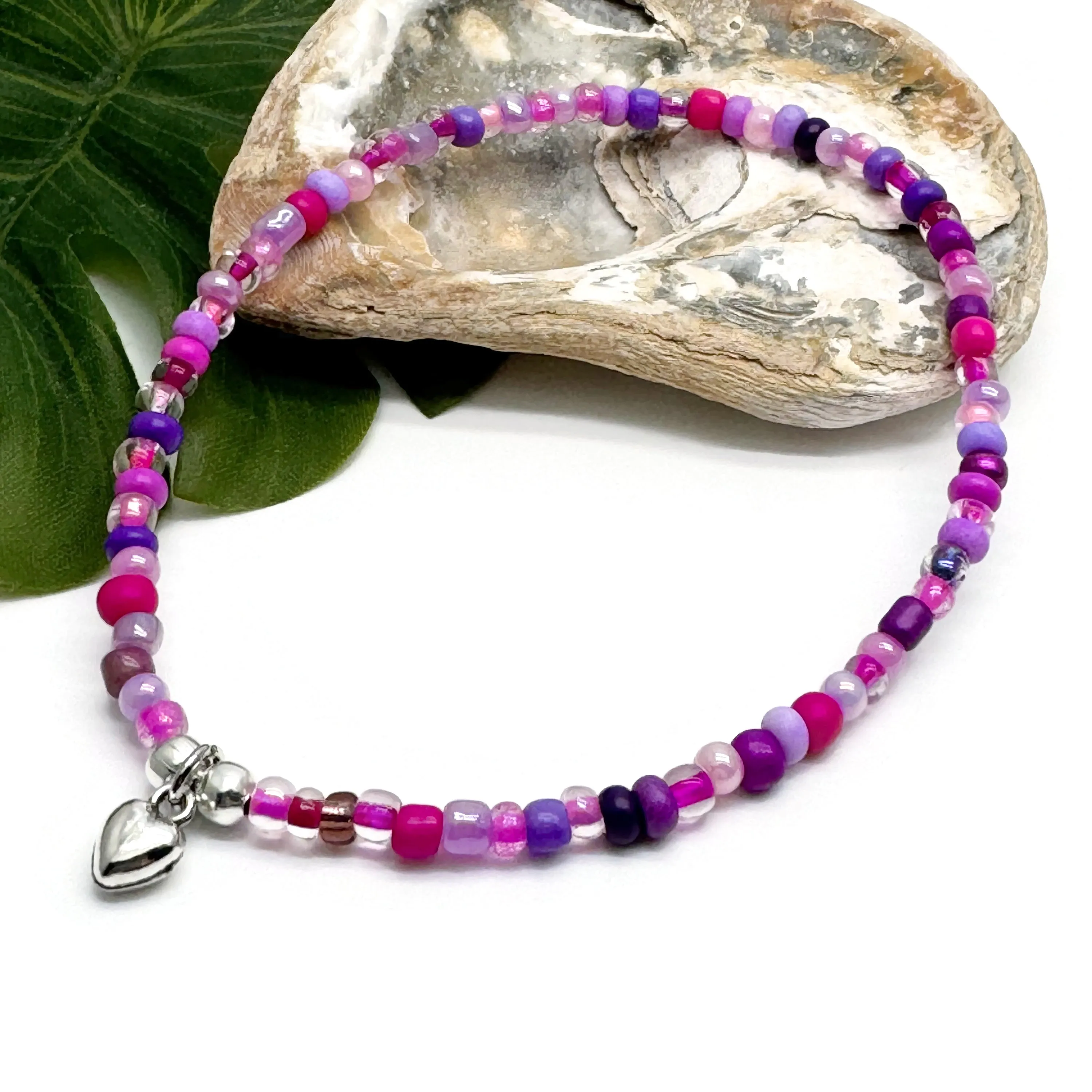 Heart Charm Seed Bead Anklet - Colour Choice