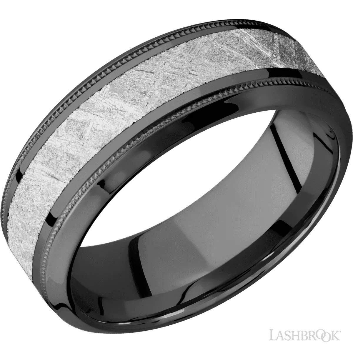 High Bevel Zirconium Band with Polish , Polish Finish and Meteorite Inlay - 8MM