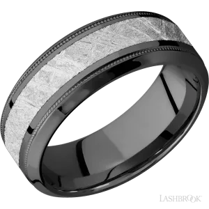 High Bevel Zirconium Band with Polish , Polish Finish and Meteorite Inlay - 8MM