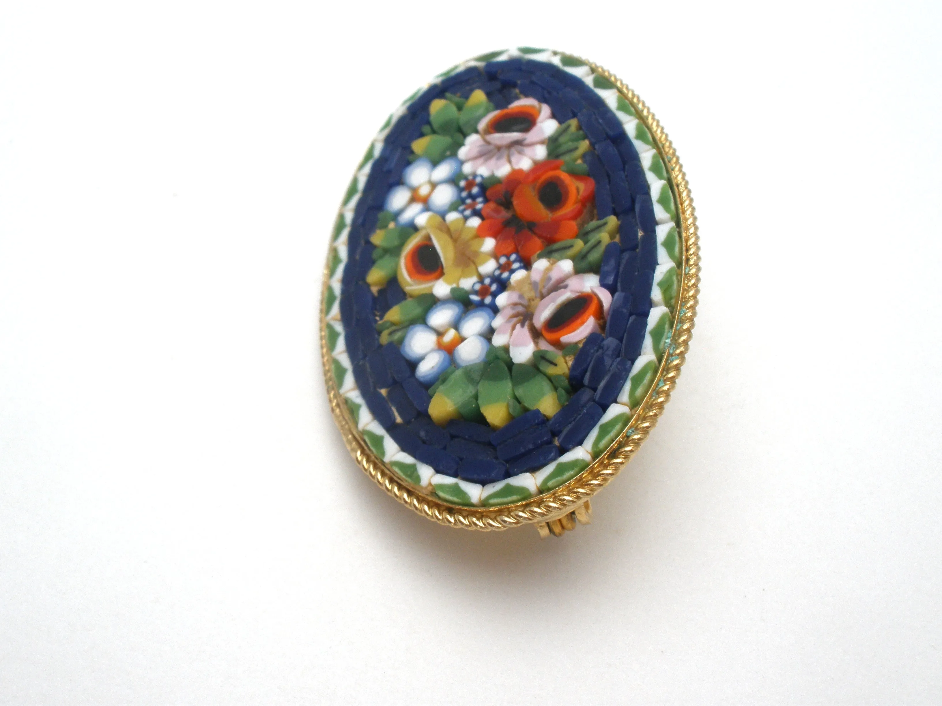 Italian Oval Mosaic Flower Brooch Pin Vintage