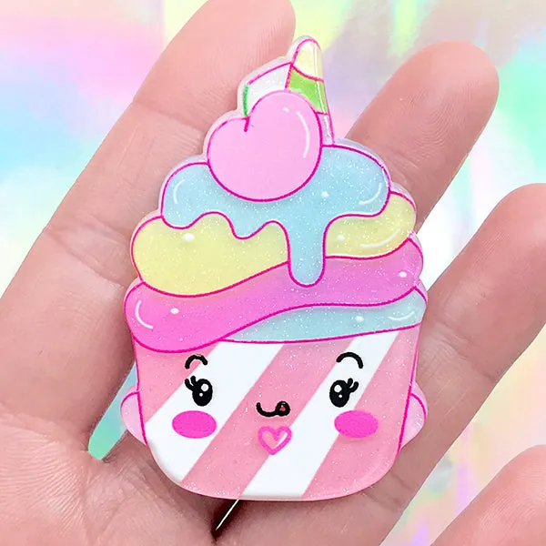 Kawaii Face Cupcake Flatback Cabochon | Acrylic Decoden Embellishment | Toddler Jewelry DIY (1 piece / 38mm x 58mm)