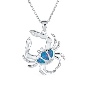 Large Gemstone Blue Opal Crab Pendant Necklace Sterling Silver October Birthstone