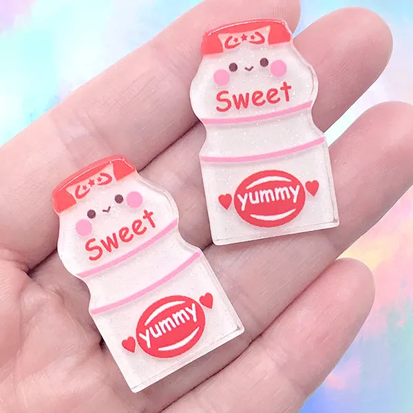 Milk Beverage Acrylic Cabochons | Glittery Drink Embellishments | Kawaii Decoden Supplies | Toddler Jewelry DIY (2 pcs / 20mm x 34mm)