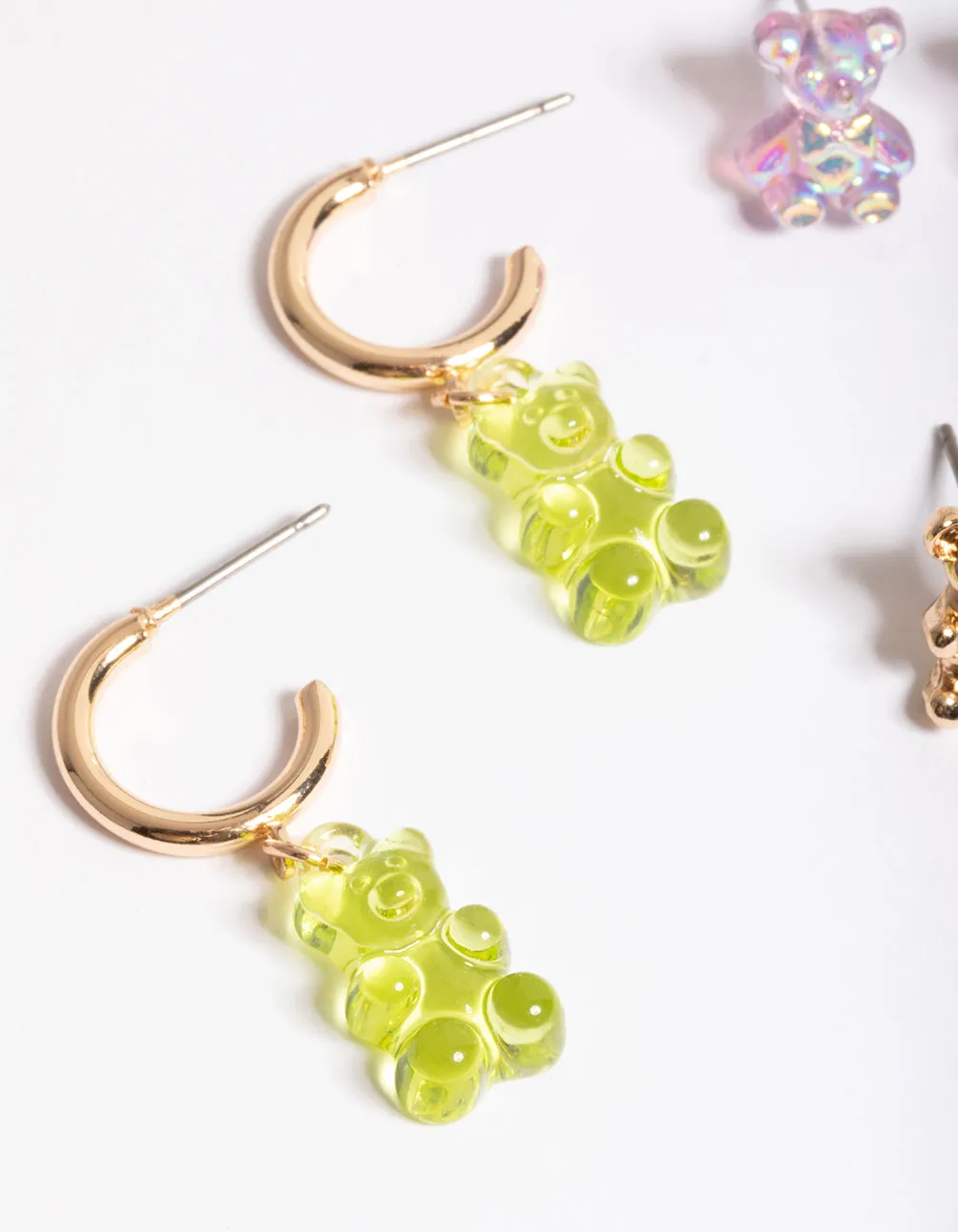 Mixed Lilac & Lime Green Bear Huggie Earrings Pack