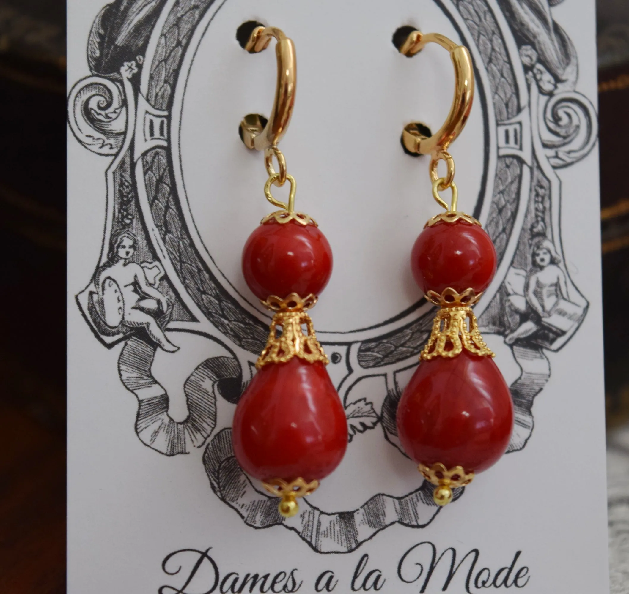 Red Coral and Filigree Teardrop Earrings