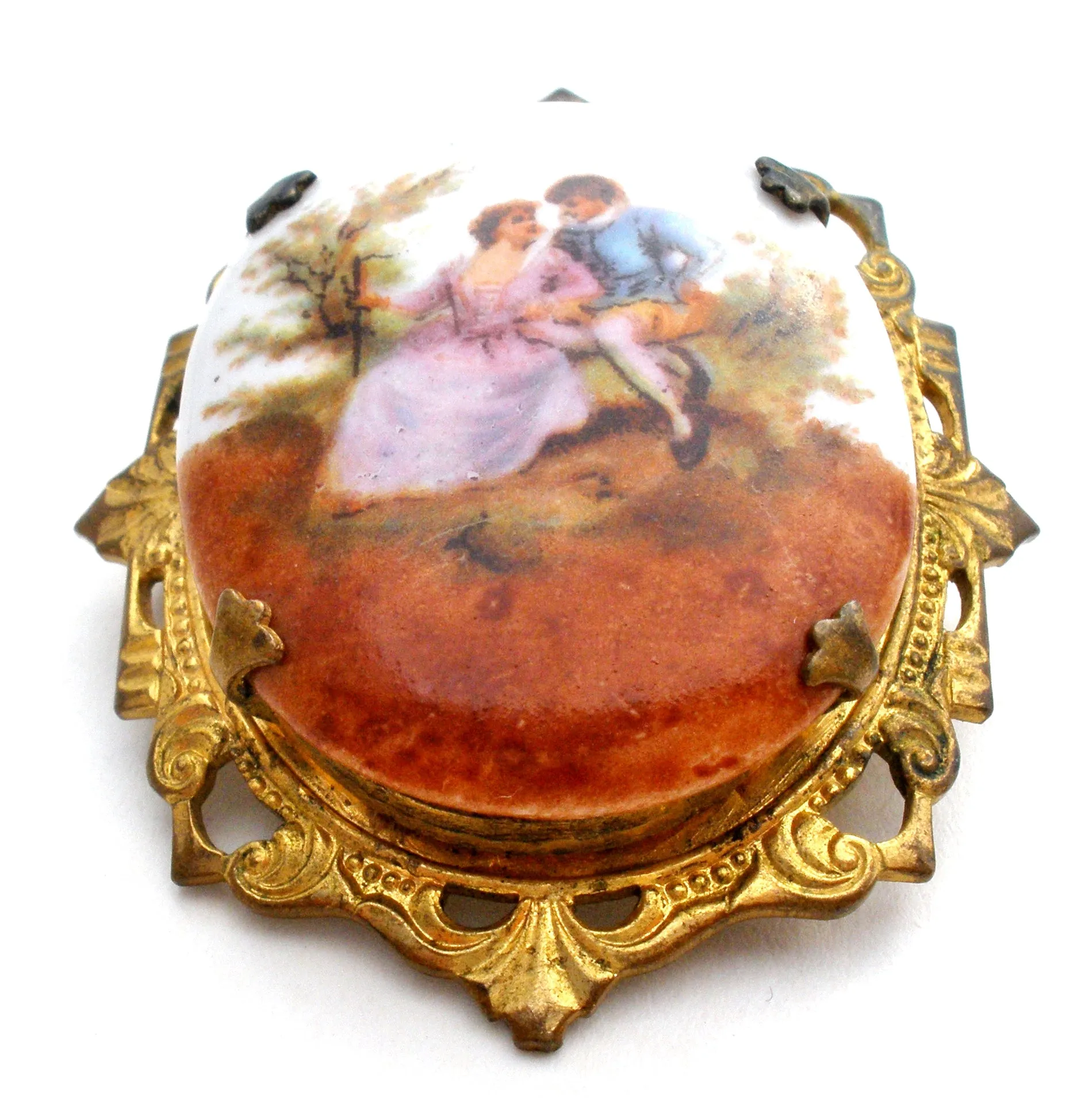 Romantic Couple Miniature Portrait Brooch Vintage